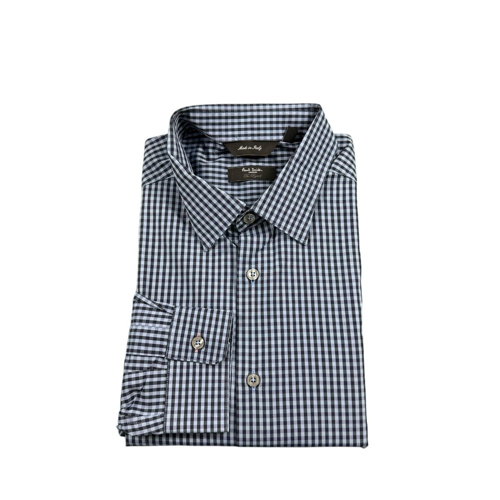 Paul Smith London Blue Navy Checked Cotton Button Front Shirt 16.5 42 Byard